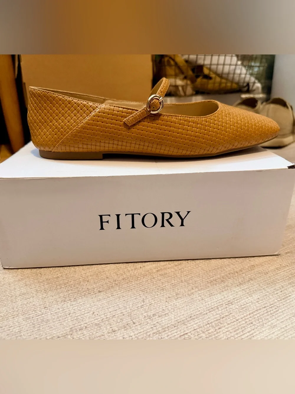 Fitory Tan Woven Mary Jane Flat with Single Strap